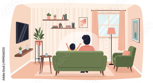Father and son watching TV in a cozy living room illustration