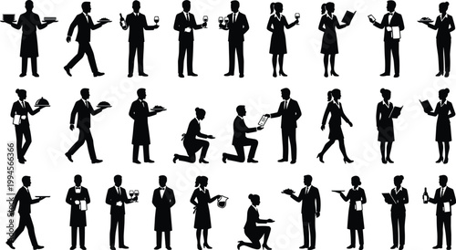Waiter silhouettes, restaurant staff icons, food service vector, professional attire illustration, serving tray design, hospitality graphic art, dining worker symbols