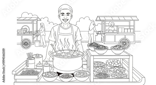 Smiling street food vendor with traditional cart vector illustration