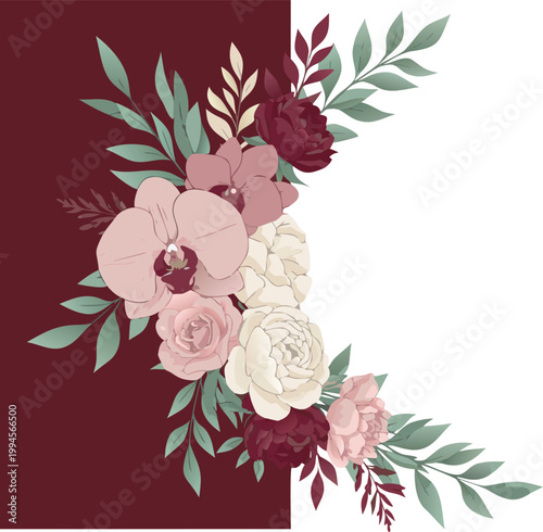 Floral arrangement on a maroon background with pink white and red flowers and green leaves