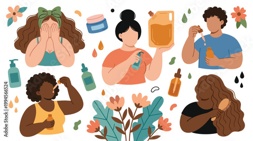 Diverse people applying skincare and hair care products promoting self care and beauty routines
