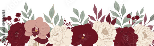 Floral border with red and white flowers on white background