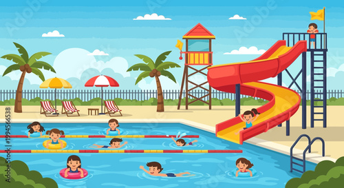 Cartoon children playing in a sunny outdoor swimming pool with slide
