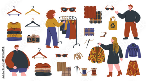 Fashion design and clothing creation process with diverse people and fabric samples