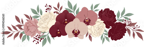 Beautiful burgundy and blush floral arrangement with greenery on white background