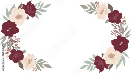 Floral wreath border with red and white flowers and green leaves on white background