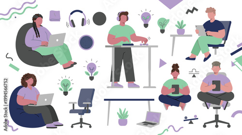 Diverse team collaborating remotely with laptops and headphones in a modern coworking space with plants and lightbulbs