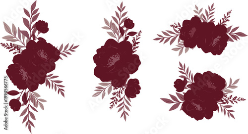 Burgundy floral arrangements with leaves on white background