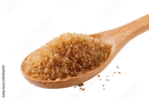 Wooden spoon filled with brown sugar isolated on transparent background. Brown sugar on wooden spoon for sweetening food and drink isolated on white background.