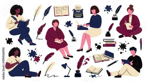 Diverse group of people writing and creating, symbolizing creativity, education, and storytelling