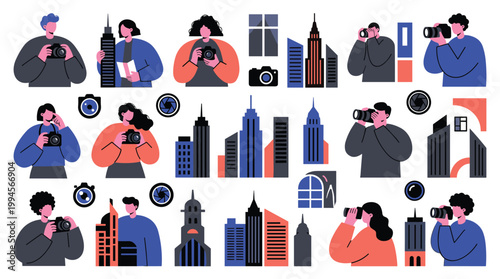 Diverse people capturing city life with cameras, showcasing urban photography and travel adventures in a modern cityscape