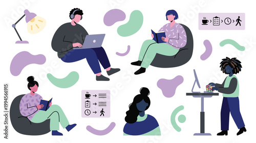 Diverse people working and studying remotely with laptops and books in a modern coworking space with abstract shapes