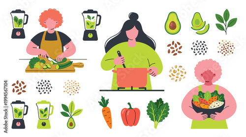 Healthy cooking and food preparation illustration with people chopping vegetables and cooking soup