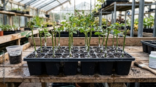 Seedlings in trays ready for planting inside a greenhouse.
