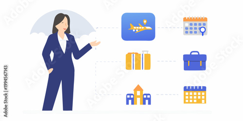 Woman presenting travel insurance options and associated services visually