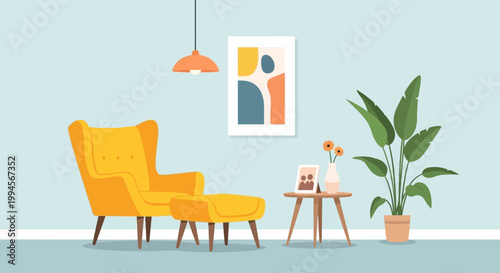 Modern Living Room Illustration with Yellow Armchair and Decor