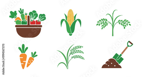 Illustrated Harvest Icons Depicting Agriculture and Fresh Produce on a White Background