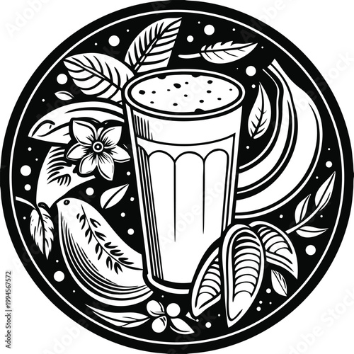 Black and white smoothie icon, banana milkshake illustration, fruit smoothie logo, vegan drink design