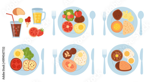 Flat Lay of Diverse Breakfast Meals and Drinks