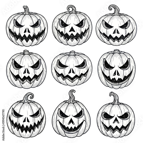 Halloween Pumpkin Faces - Hand Drawn Jack-o'-lantern Illustrations