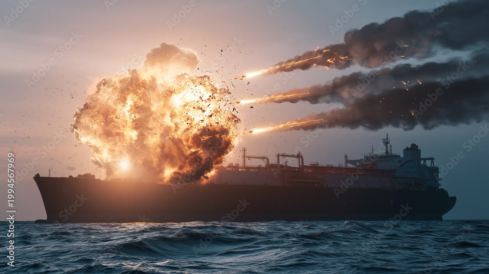 Fototapeta premium Military missiles strike LNG tanker in explosive nighttime encounter