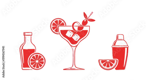 Cocktail Making Elements: Shaker, Bottle, Glass, Orange Slices, Olives