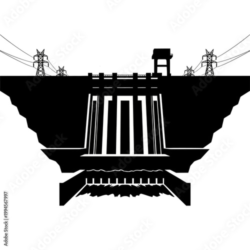 Monochrome Illustration of a Hydroelectric Dam and Power Lines.