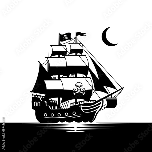 Pirate Ship Silhouette Sailing at Night Under Crescent Moon