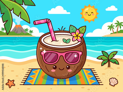 Cute Coconut Character with Sunglasses on a Beach Towel, Tropical Paradise Vibe