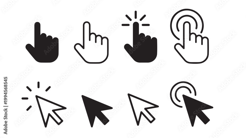 Fototapeta premium Cursor, Pointer, Hand, Icon Set, 8 Elements, Vector Graphics