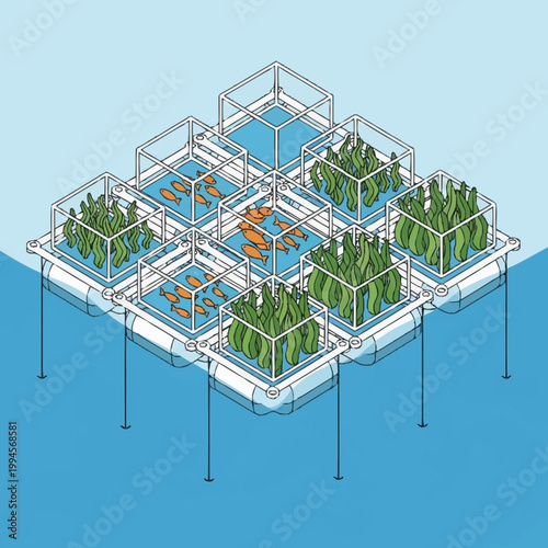Aquaculture farm with fish and plants.