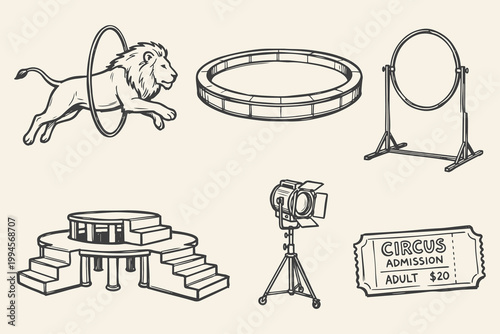 Hand drawn circus performance elements set with jumping lion, ring, stage, spotlight and admission ticket in line style.