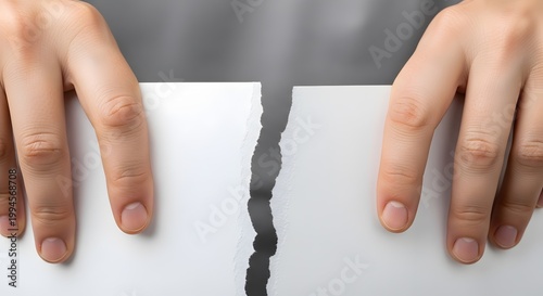 Hands Tearing Blank White Paper Into Two Equal Pieces