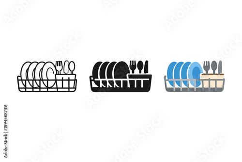 Minimal vector set of three dish drying racks with plates and cutlery in outline, solid black, and blue-gray flat styles on white background