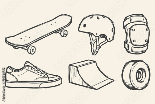 Hand drawn skateboarding elements set with skateboard, helmet, knee pads, shoe, ramp and wheel in line style.