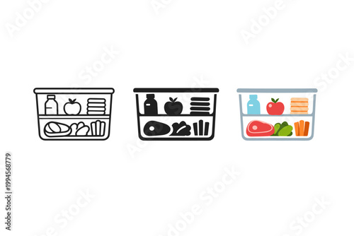 Set of three refrigerator shelf icons showing organized food storage with milk, fruit, bread, meat, and vegetables in outline and colored styles