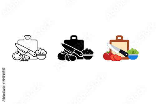 Set of three cutting board and knife cooking icons in outline, solid, and colored styles with vegetables and salad bowl on white background