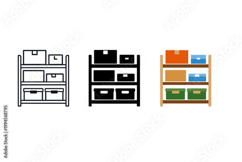 Three storage shelf icons showing boxes and bins in outline, solid, and colored styles, representing organization, warehousing, and inventory concepts