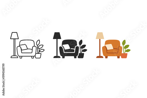 Minimal living room icon set showing armchair, floor lamp, and potted plant in line art, solid silhouette, and warm colored flat illustration styles