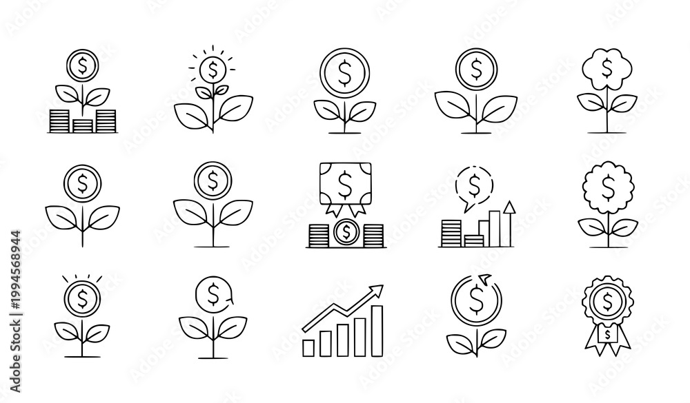 Fototapeta premium Money tree line icon set vector finance growth investment outline