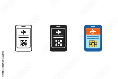 Mobile boarding pass icon set showing smartphone screens with airplane symbol and QR code, representing digital airline check-in and travel ticketing
