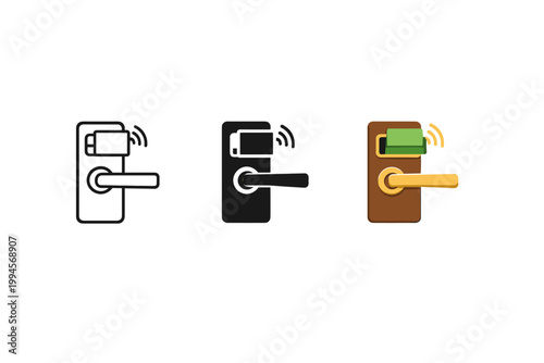 Set of three contactless smart door lock icons showing keycard access, wireless signal, and modern handle design for secure entry systems