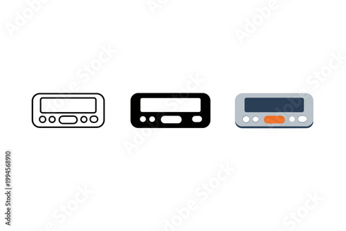 Set of three car stereo head unit icons showing outline, solid, and colored dashboard radio receiver designs on a clean white background