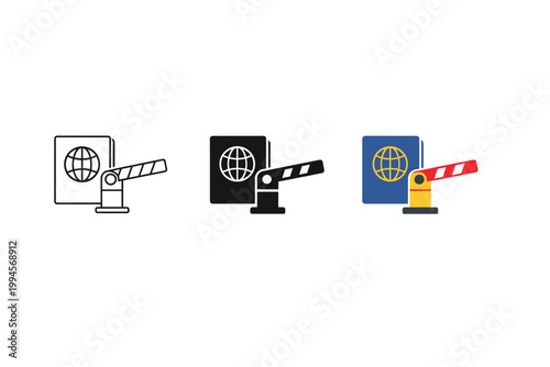 Set of three minimalist icons showing a passport and film clapperboard in outline, monochrome, and color styles for travel video production concepts
