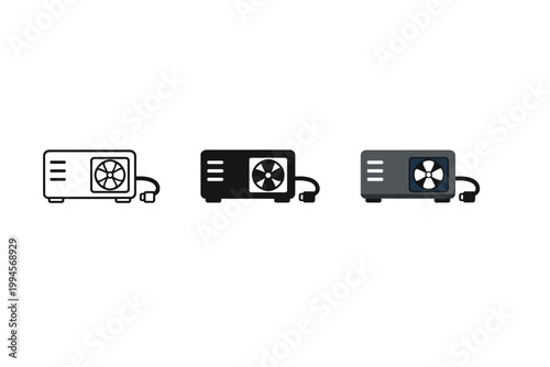 Minimal vector set of three projector icons showing line, solid, and gradient styles with lens and power cable, isolated on white background
