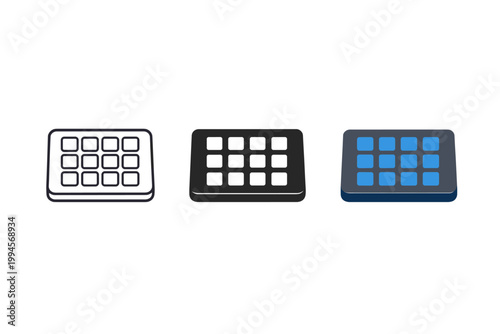 Three minimal keypad interface icons showing grid buttons in outline, solid black, and blue styles on a clean white background for UI design