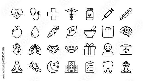 Medical and health care icons with medicine bottle water drop mortar and pestle weighing scale medical mask medical bag first aid kit running shoe hand drawn heartbeat stethoscope caduceus