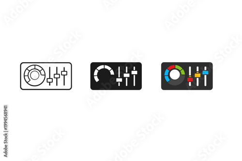 Set of minimalist audio mixing interface icons featuring rotary knob, equalizer sliders, and colorful level controls on a clean white background