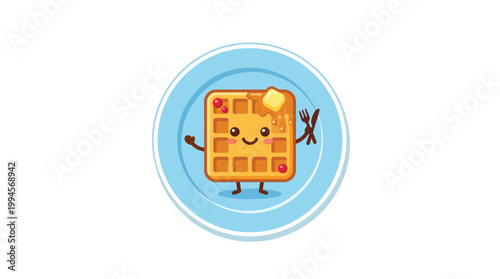 Cute Kawaii Waffle Mascot Character on a Plate with Butter and Syrup V