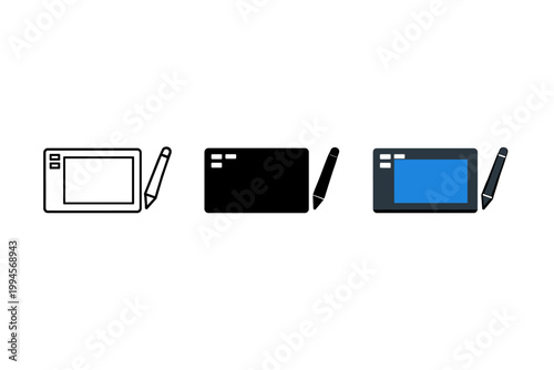 Minimal vector illustration of three digital drawing tablets with stylus pens, showing outline, black silhouette, and colored screen versions